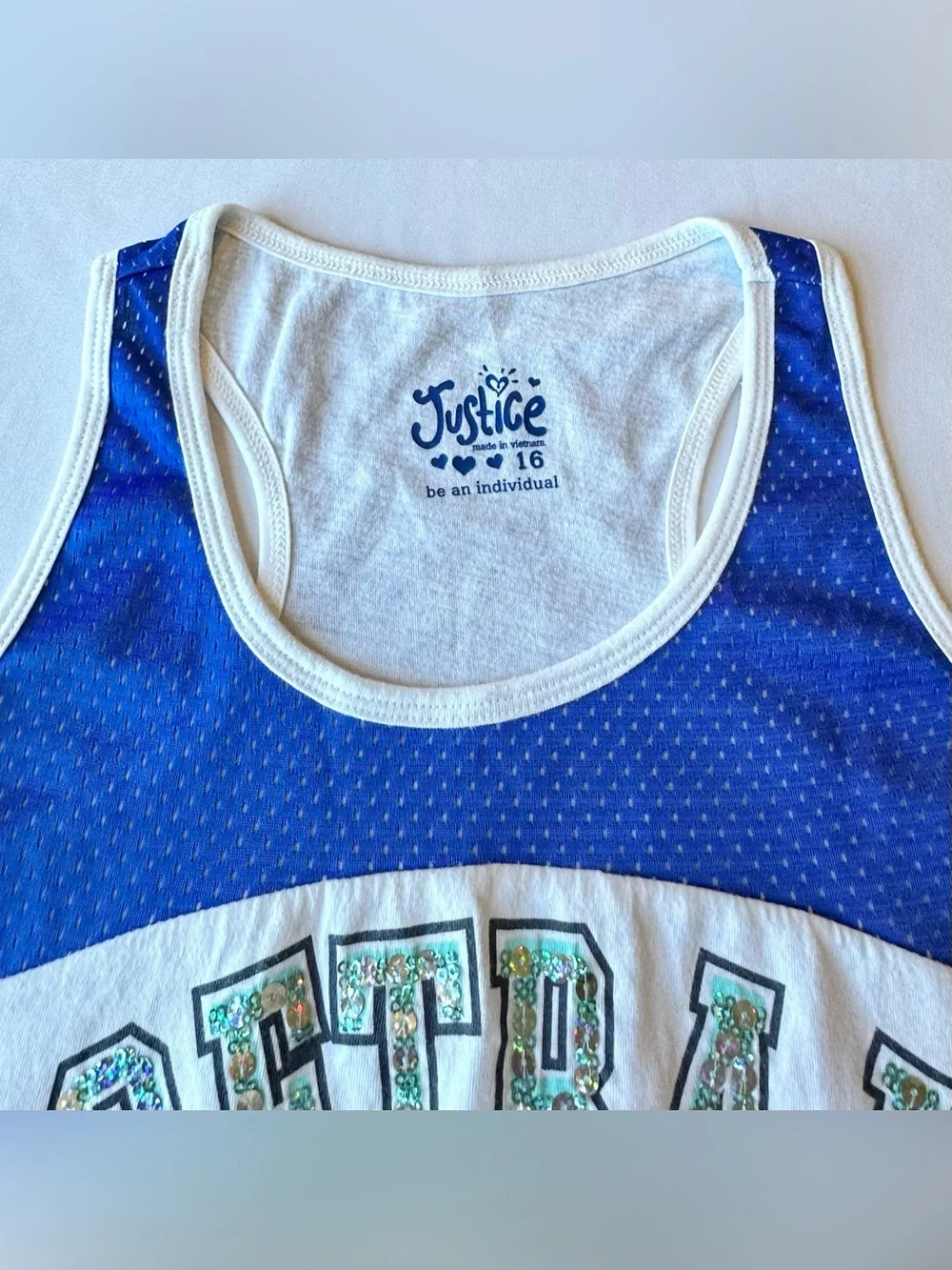 Justice Girls Tank Top Softball Blue White Glitter Aqua Sequins 2012 Size 16